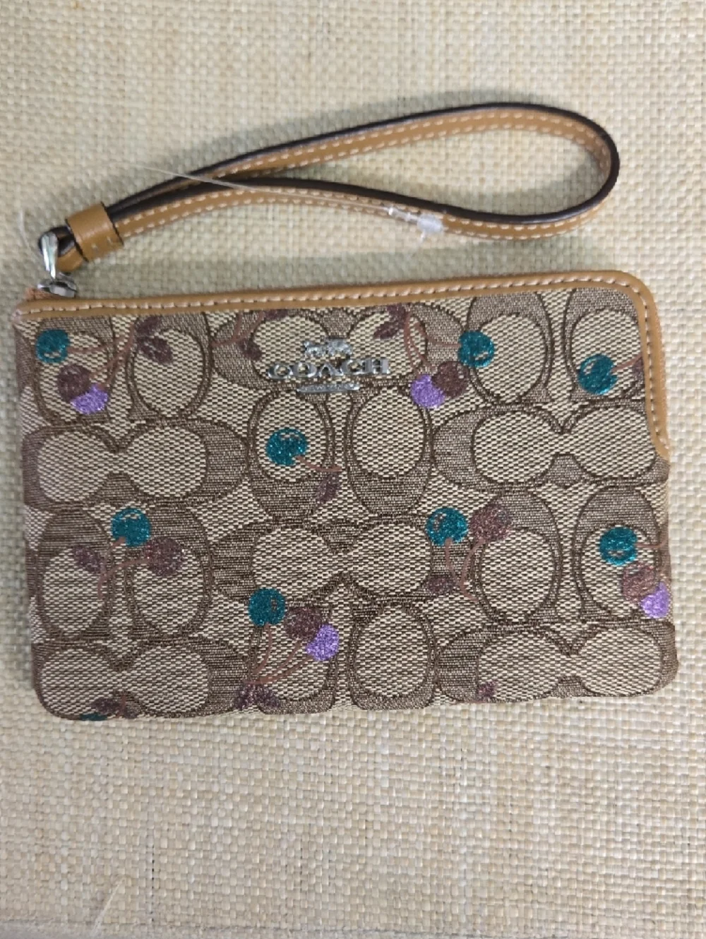 NWOT Coach Tan Signature Canvas Wristlet with Teal & Lilac Glitter Dots - Picture 5 of 5